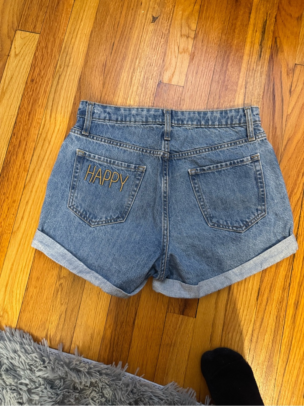 wild fable Blue Denim 'HAPPY' Embroidered High-Rise Jean Shorts